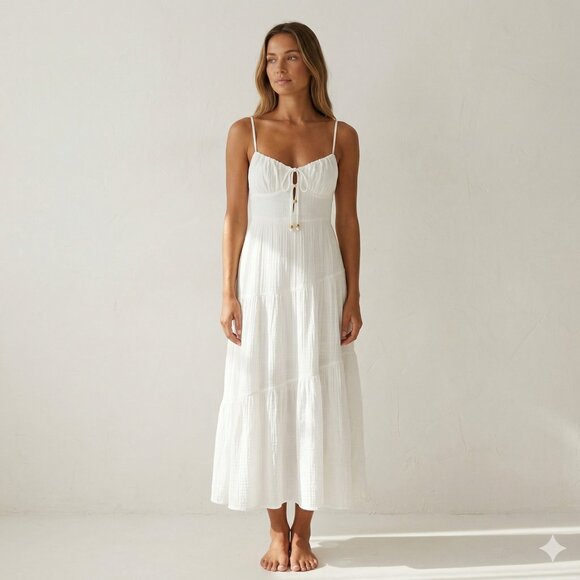 Indikah Dresses & Skirts - Lightweight White Spaghetti-Strap Maxi Dress with Tie Front